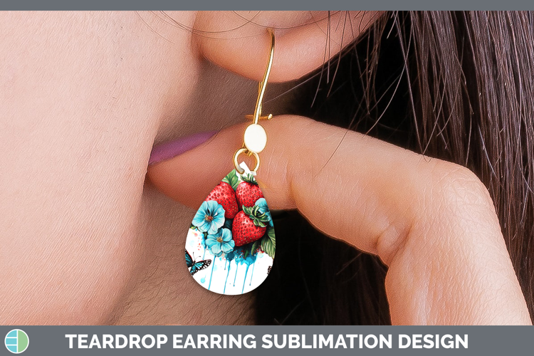 BS05 Teal Drips Strawberry Teardrop Earrings Sublimation Ear
