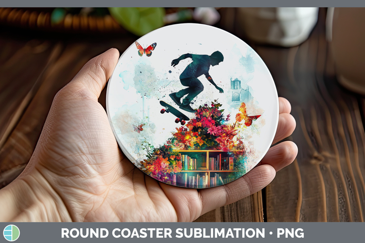 BS06 Bookshelf Male Skateboarder Round Coaster Sublimation C