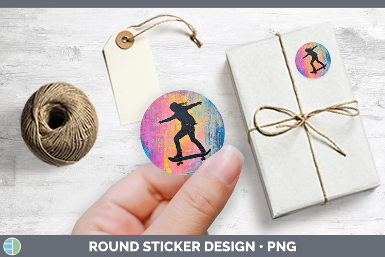 BS06 Thick Paint Female Skateboarder Stickers | Round Labels