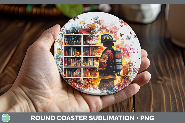BS07 Bookshelf Female Firefighter Round Coaster Sublimation