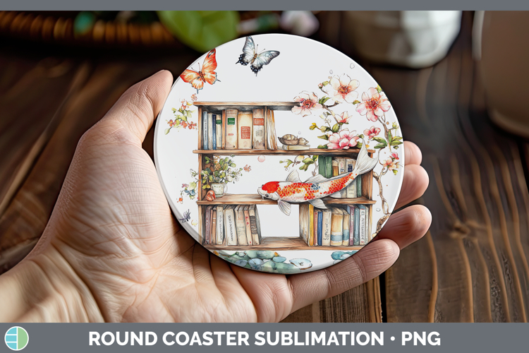 BS08 Bookshelf Koi Fish Round Coaster Sublimation Coaster De