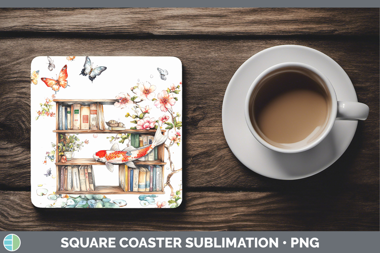 BS08 Bookshelf Koi Fish Square Coaster Sublimation Coaster D