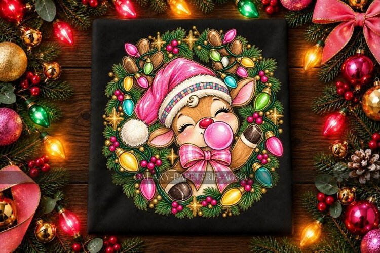 Bubblegum Reindeer PNG with Pink Hat and Christmas Lights example image 1