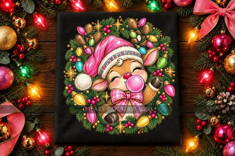 Bubblegum Reindeer PNG with Pink Hat and Christmas Lights