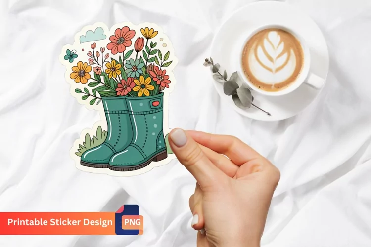 Bucket Boots Flowers Sticker, Garden Boots Sticker