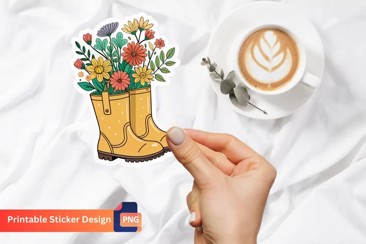 Bucket Boots Flowers Sticker, Garden Boots Sticker