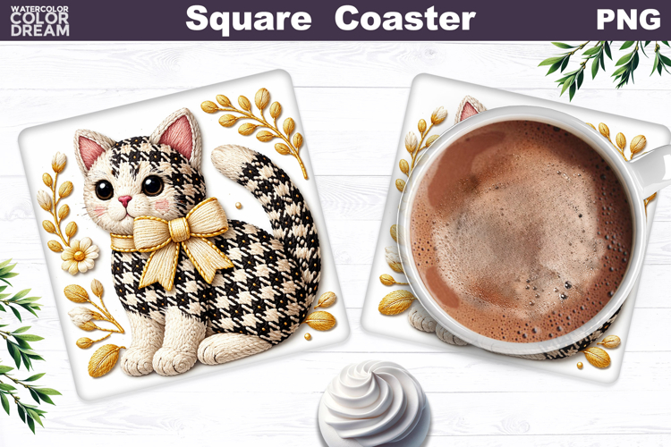 Cat Floral Square Coaster | Spring Animal Sublimation