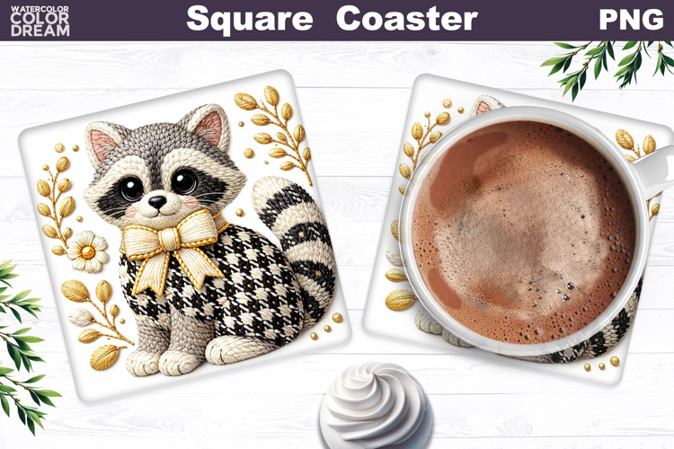 Raccoon Floral Square Coaster | Spring Animal Sublimation
