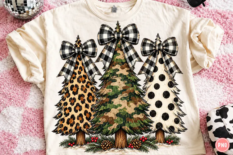 Buffalo Plaid Bow Christmas Trees Leopard, Camo & Polka Dot