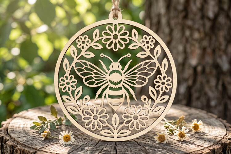 Bumblebee Floral Wood Ornament Design, Ornament SVG File example image 1