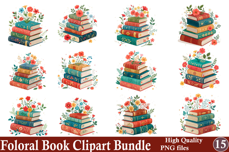 Watercolor Floral Books Clipart PNG Bundle