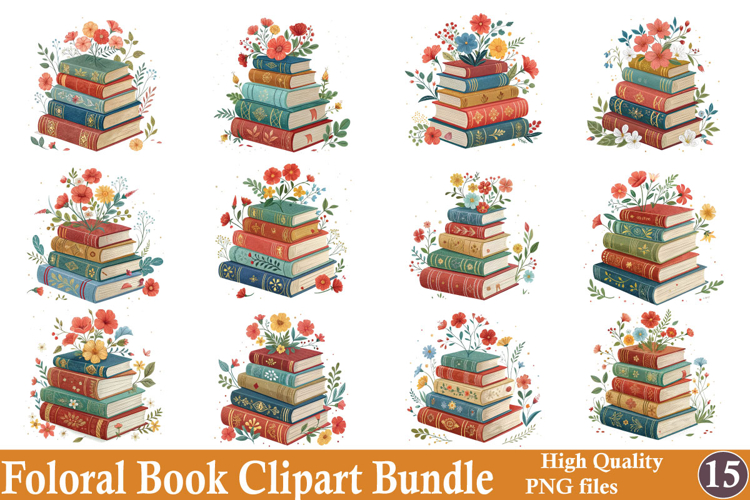 Watercolor Floral Books Clipart PNG Bundle