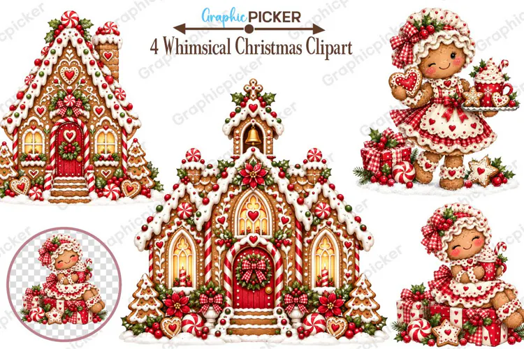 Whimsical Gingerbread Christmas Clipart, Gingerbread PNG