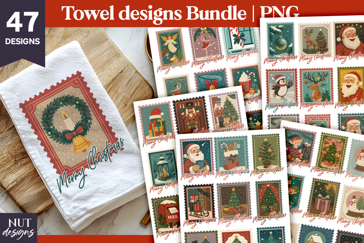Vintage Christmas Stamp Towel Bundle Merry Christmas towel