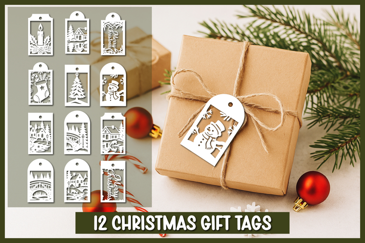 12 Christmas Gift Tags Paper cut SVG,Christmas Tag SVG