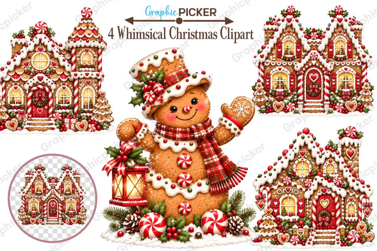 Whimsical Gingerbread Christmas Clipart, Gingerbread PNG