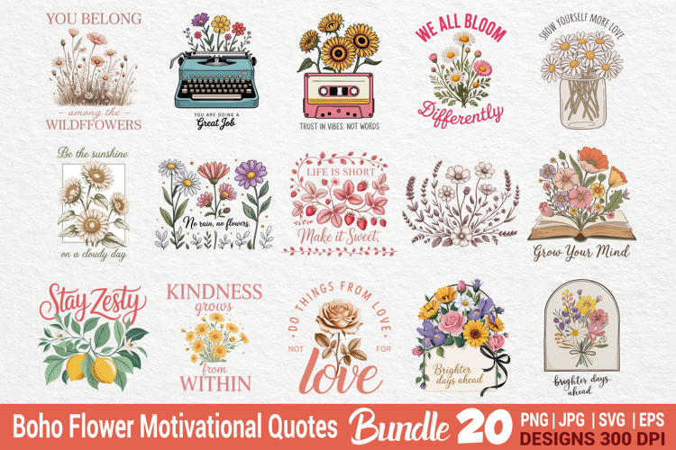 Boho Retro Flowers Motivational Quotes Bundle example image 1
