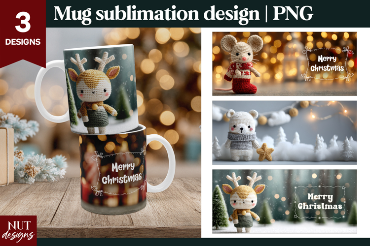 Cute Christmas 15oz Mug Crochet Baby Animals Mouse Bear Deer