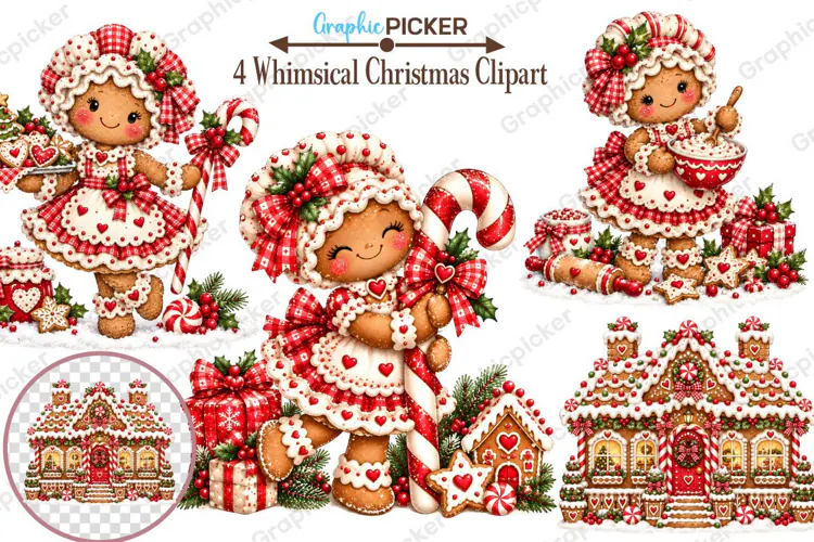 Whimsical Gingerbread Christmas Clipart, Gingerbread PNG