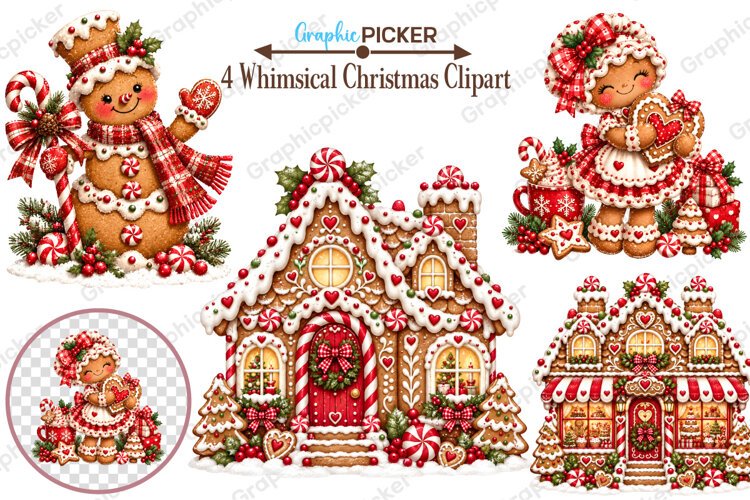 Whimsical Gingerbread Christmas Clipart, Gingerbread PNG example image 1