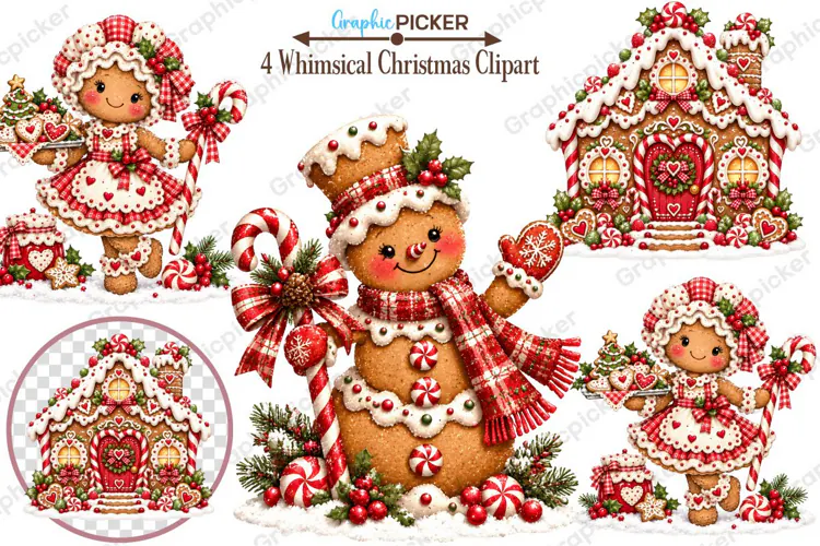 Whimsical Gingerbread Christmas Clipart, Gingerbread PNG