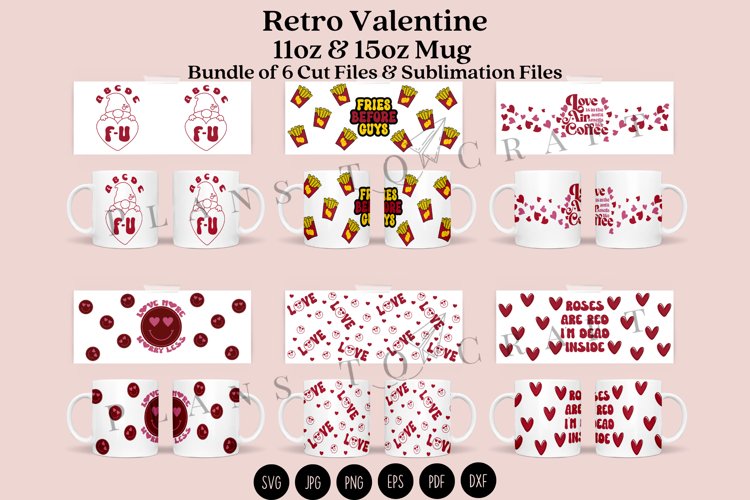 bundle 6 funny retro valentine coffee glass wrap svg glass mug svg presized for 11oz and 15oz glass ready to cut and sublimation files