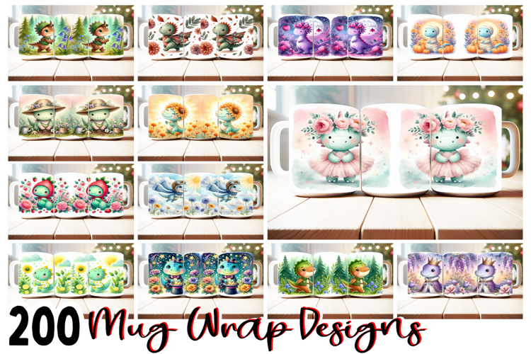 200 Cute Mug Wrap PNG Bundle | 11oz 15oz Sublimation, Dino