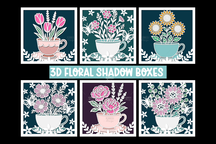 6 Layered Floral Teacup 3D Floral Shadow Box SVG