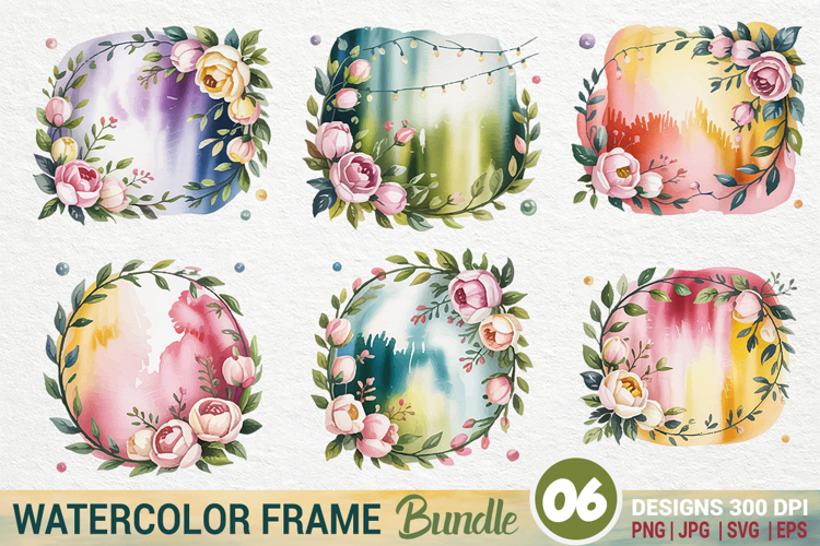 Watercolor Floral Frame Clipart SVG PNG Bundle