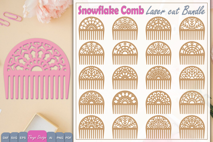 20 Design Laser Cut Wooden Hair Comb | Snowflake Comb SVG