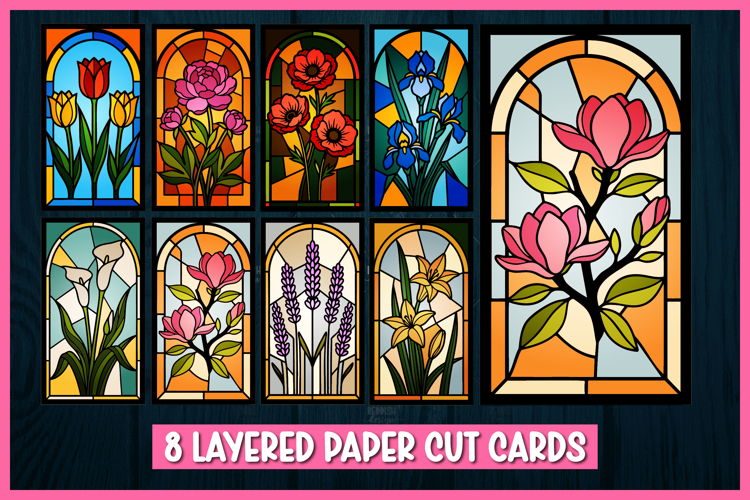 8 Layered Stained Glass Floral Cards SVG | 3D Paper Cut