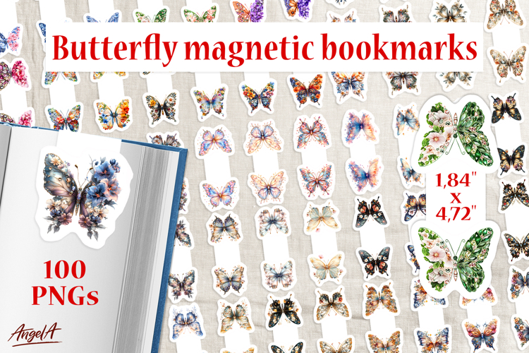 Floral butterfly magnetic bookmark bundle PNG