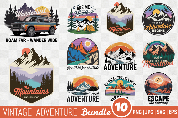 Vintage Mountain Adventure SVG PNG Bundle