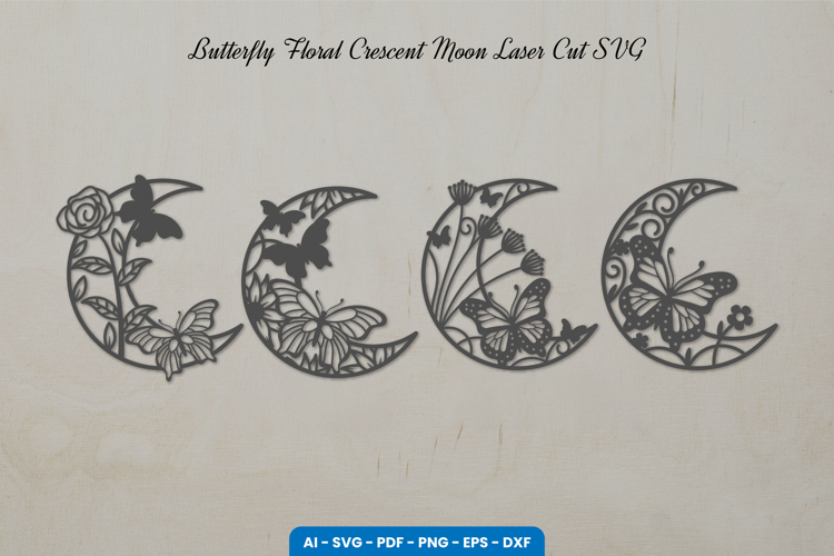 Butterfly Floral Crescent Moon Laser Cut SVG