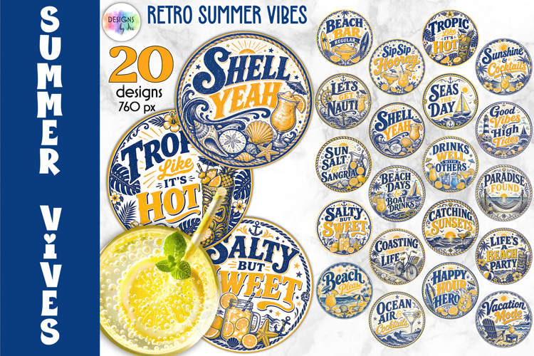 Retro Summer Coastal Coaster Sublimation, Beach Cocktails
