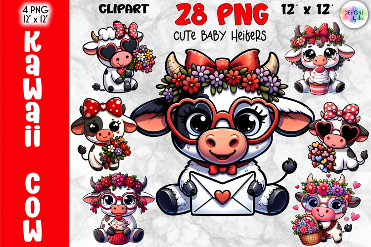 Cute Valentine Highland Cow Clipart Bundle, Baby Cow Kawaii