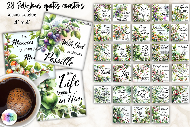 Christian Quote Coaster Bundle, Floral Blossom Christian PNG