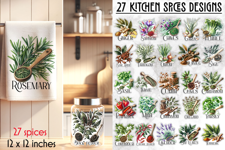 Kitchen Spices Stickers Bundle, Botanical Herbs and Spices