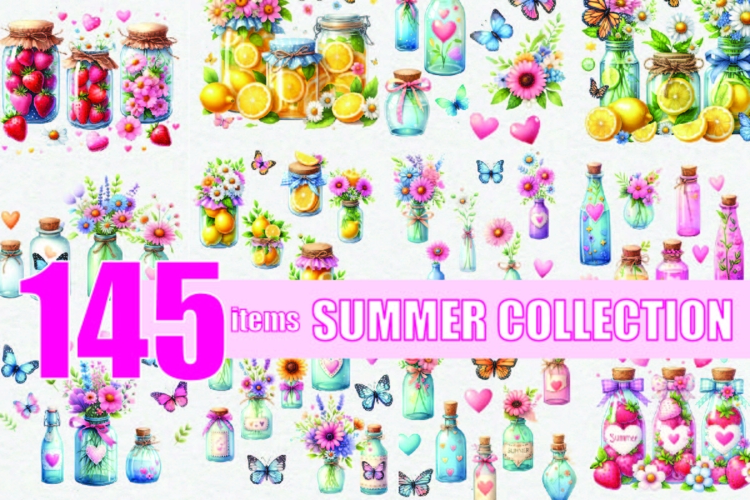 BIG BUNDLE Summer Clipart, Flowers, Bottles and Jars, PNG