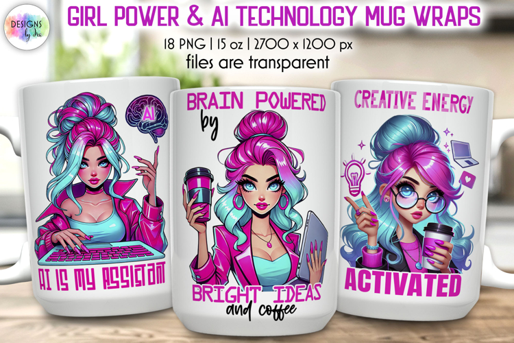 Girl Power and AI Technology Mug Wrap, Inspirational PNG