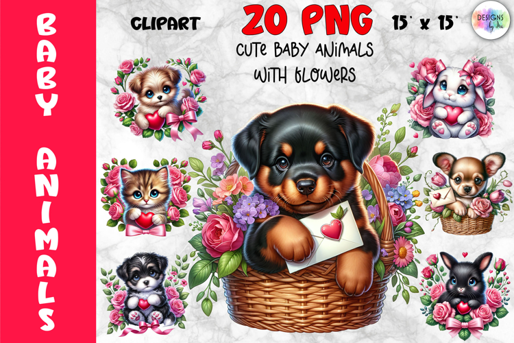 Valentine Baby Animals with Hearts Clipart Bundle