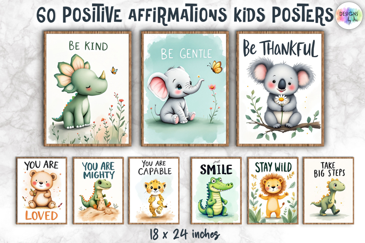 Positive Affirmations Kids Posters, Cute Animal Nursery PNG