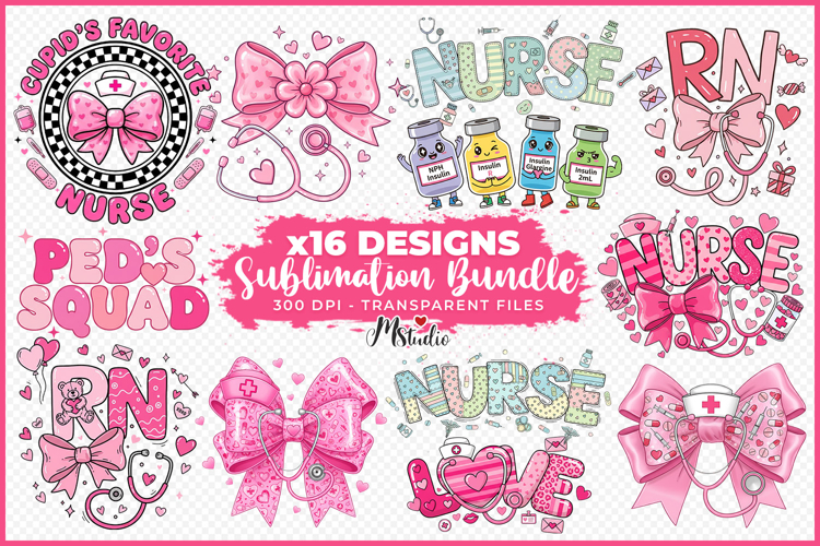Nurse Valentine Sublimation PNG Bundle Pink Medical Designs