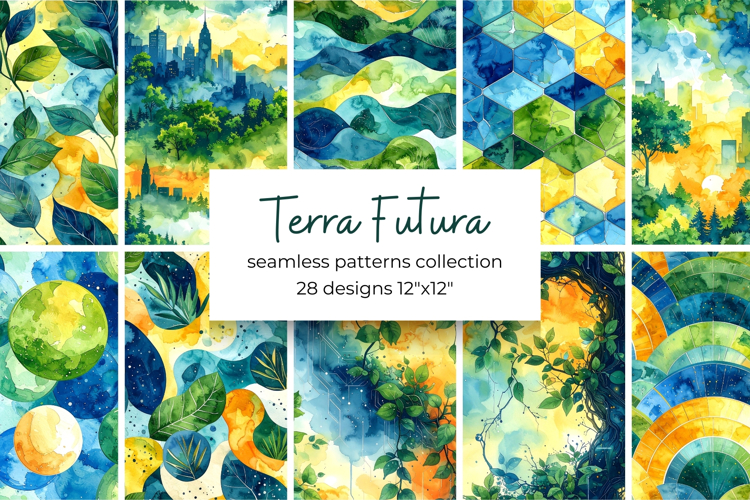 Terra Futura Digital Paper Bundle Watercolor Seamless Patter