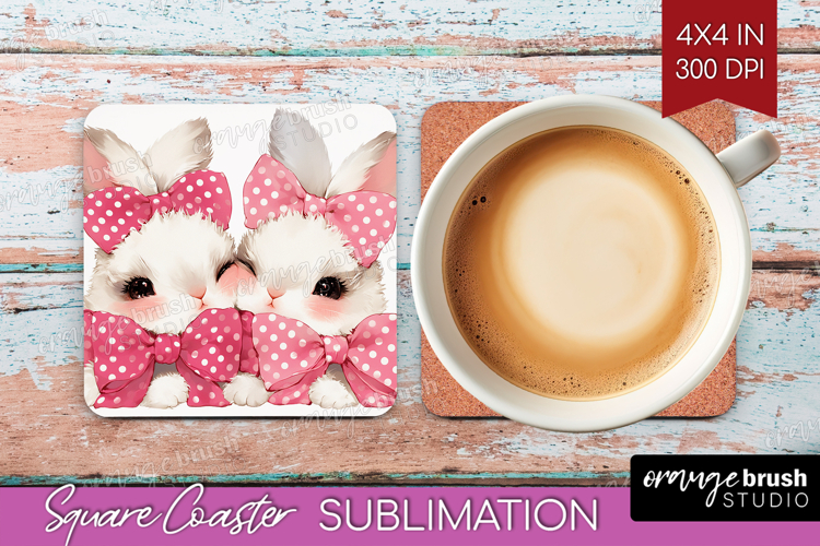 Bunnies Valentine Square Coaster Cute Valentines Day Coaster