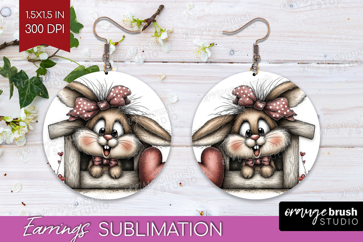 Bunny Valentine Round Earrings Whimsical Animal PNG