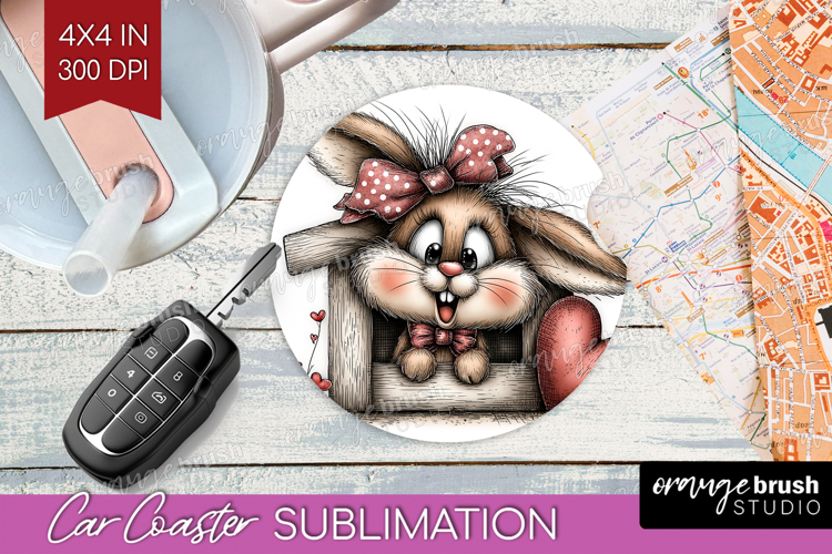 Bunny Valentine Car Coaster Whimsical Animal Coaster PNG