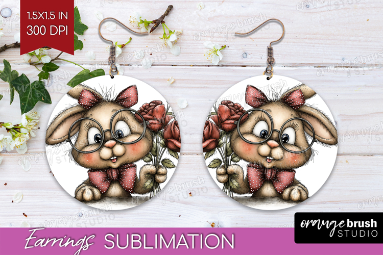 Bunny Valentine Round Earrings Whimsical Animal PNG