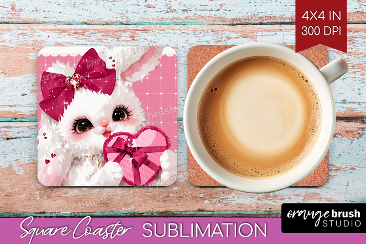 Bunny Valentine Square Coaster Cute Valentines Day Coaster