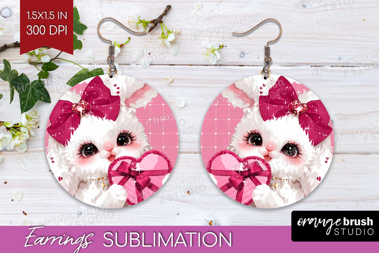 Bunny Valentine Round Earrings Cute Valentines Day PNG